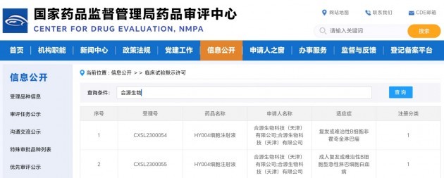 合源生物双靶点CAR-T细胞治疗产品两项新药临床试验获国家药品监督管理局默示许可